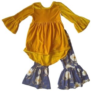 3T Floral Mustard Gold Bell Sleeve Flare Outfit